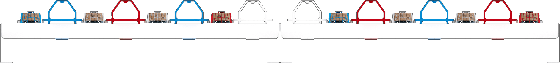 A side-on drawing of the rack: a long bar on two legs with its support in the middle, the balls held in open hoops and the crates in closed frames.
