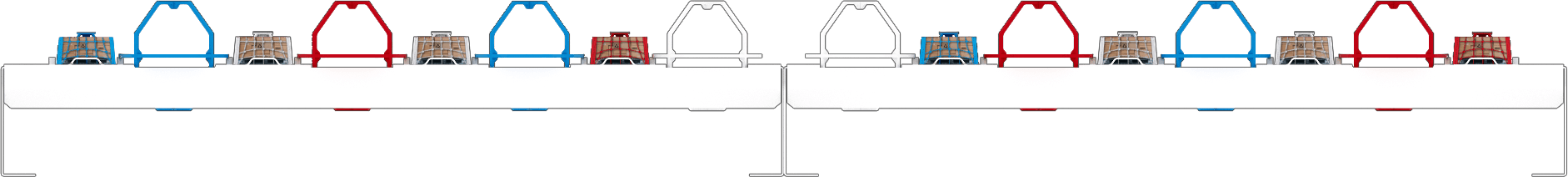 A side-on drawing of the rack: a long bar on two legs with its support in the middle, the balls held in open hoops and the crates in closed frames.