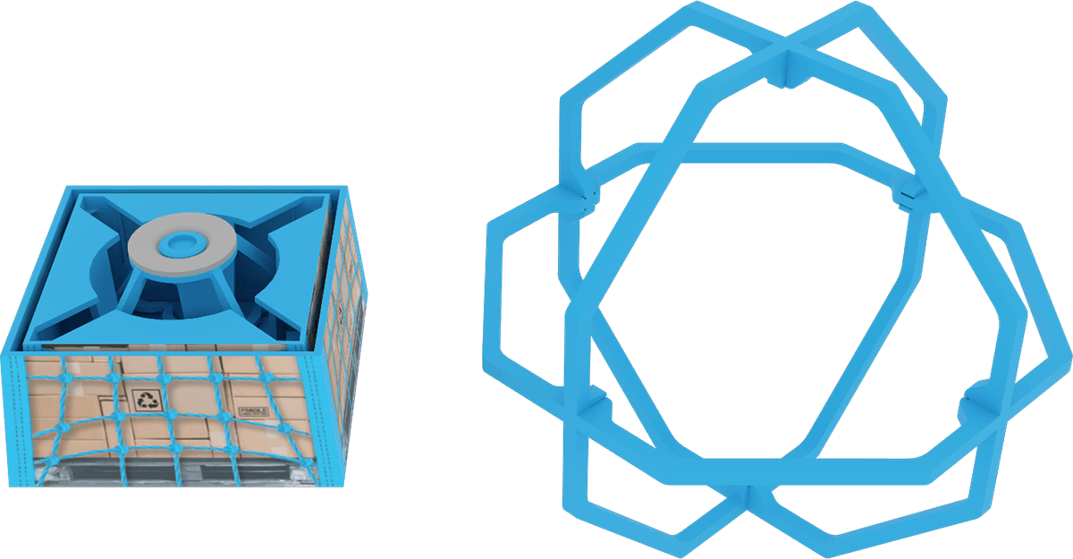 On the left, the Cargo: a square crate with a net over its cardboard-box sides and a round disc on top. On the right, the Orbit Ball: three interlocking six-sided rings forming an open ball.