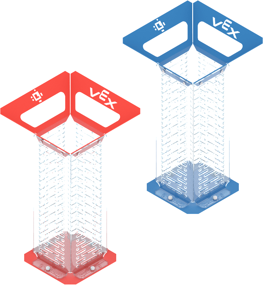 A red and a blue Drop Tower: each a tall, clear, square column with a wide colored funnel on top and a colored base, the funnel marked with the VEX logo.