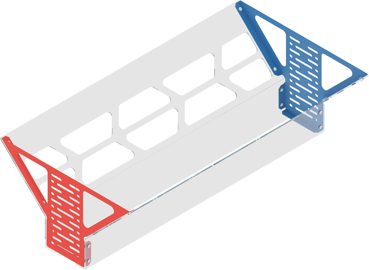 A long, low, open trough of clear plastic, held up by a red bracket at one end and a blue bracket at the other.