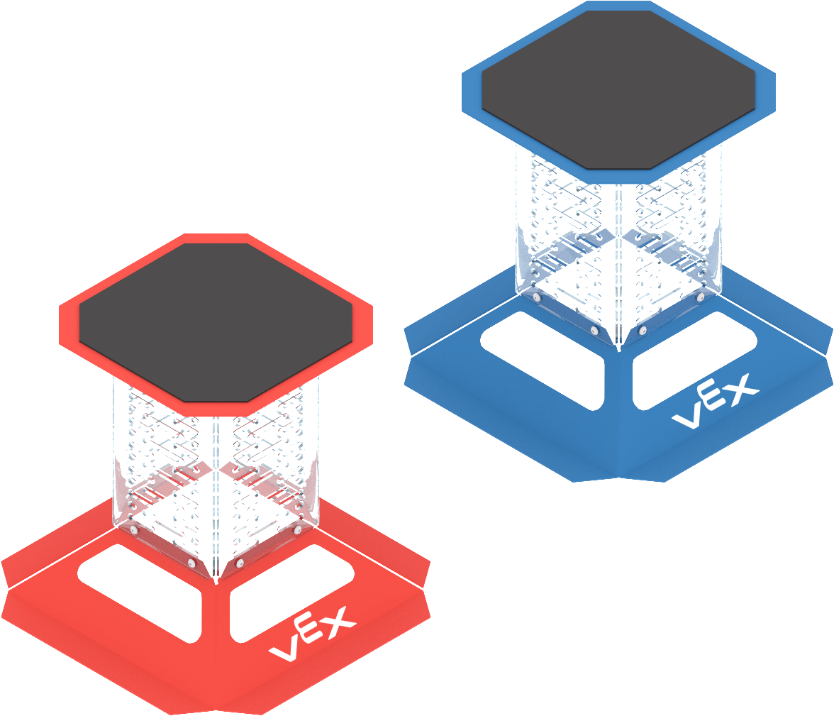 A red and a blue Cargo Platform: each a clear column with a flat dark octagonal plate on top, edged in the Goal’s color, standing on a wide colored base marked with the VEX logo.