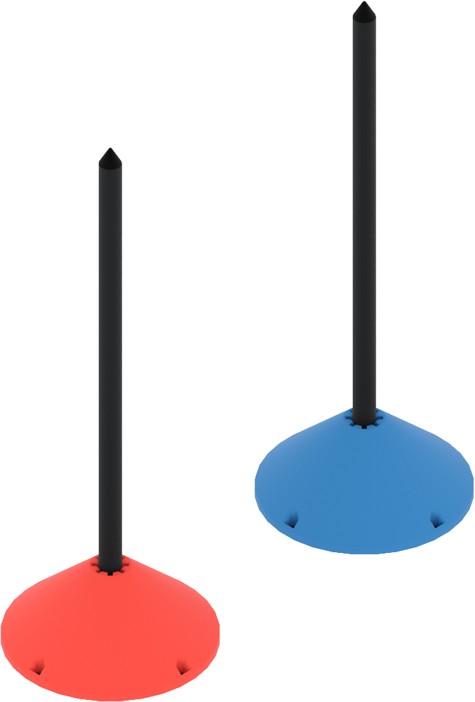 A red and a blue Pole Goal: each a tall black pole with a pointed cap, standing in a cone-shaped colored base.