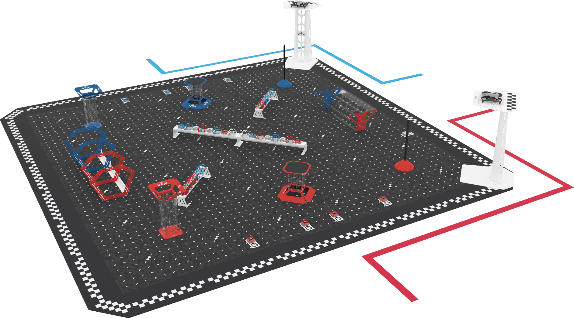 The Field seen from above one corner. The two Field Platforms are white towers at the right, each with a Drone on top. The Ring Tunnel’s four rings stand at the left edge, the Long Rack crosses the middle with a Short Rack to either side, and the blue Goals are toward the back and the red Goals toward the front.