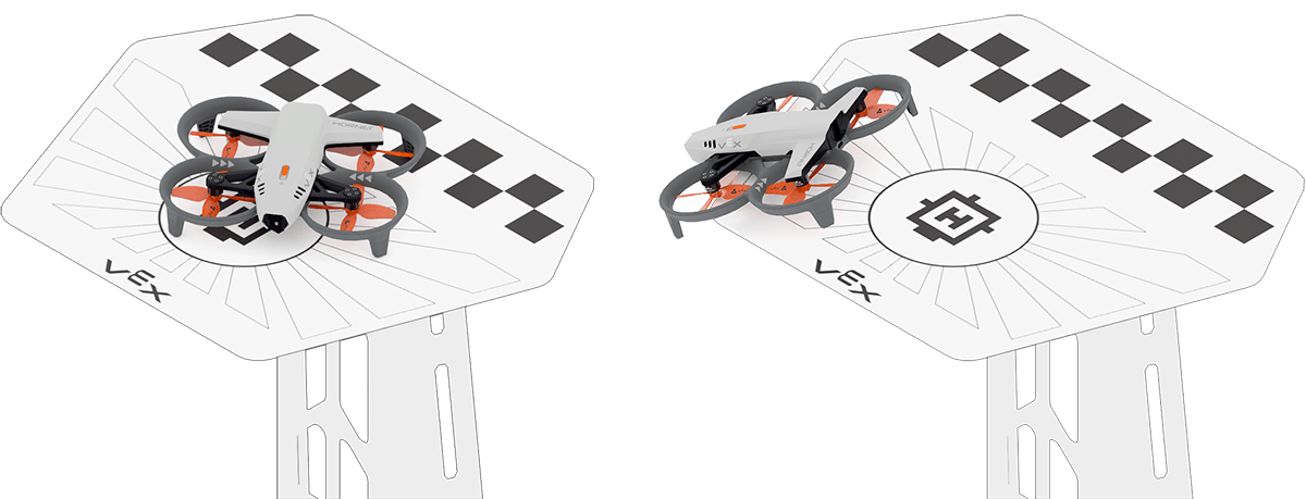 On the left, a Drone sits flat on the white plate with all four feet inside its edge. On the right, a Drone is tilted over the edge of the plate with only two feet on it.