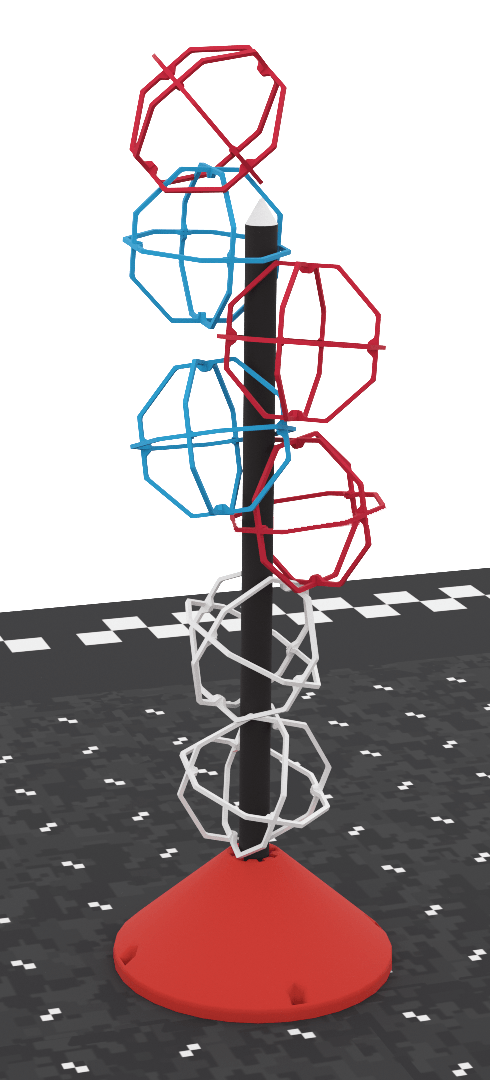 A pole in a red base holding seven balls: two white at the bottom, then blue and red ones alternating up the pole. The highest red one leans against the side of the pointed tip.
