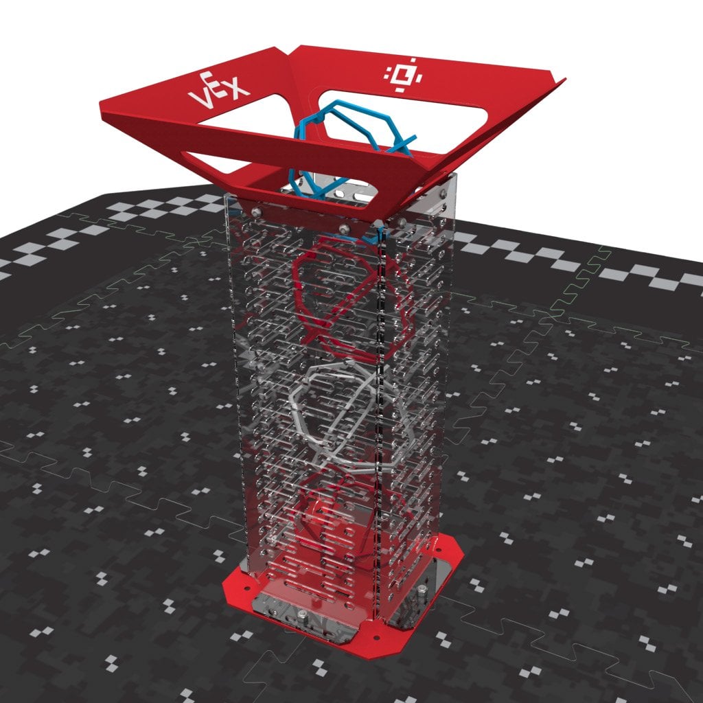 A red Drop Tower on the field, seen at an angle, with balls of mixed colors resting low in its clear column.