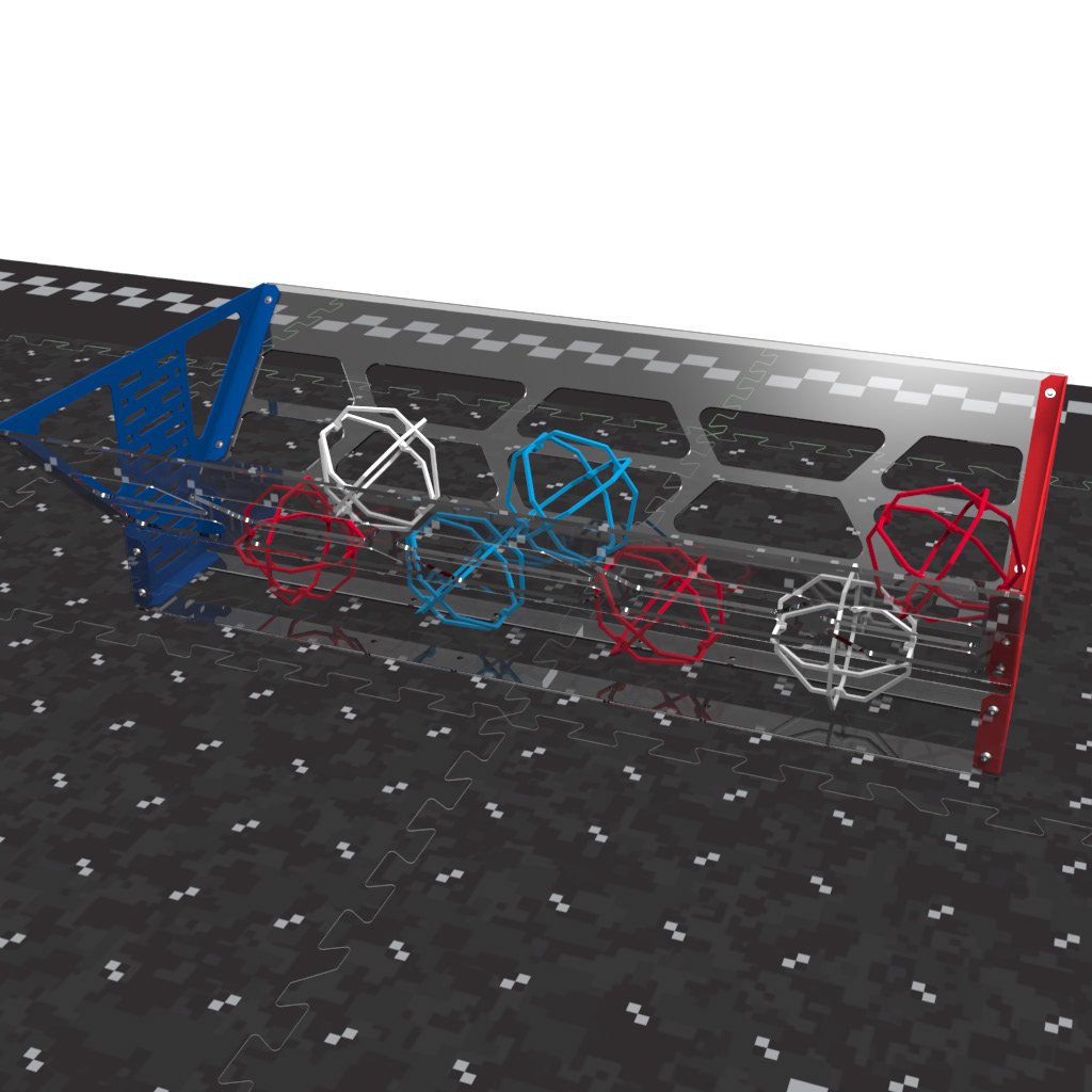 The wide, low Drop Zone Goal on the field holding seven Orbit Balls of mixed colors, all resting within the clear trough.