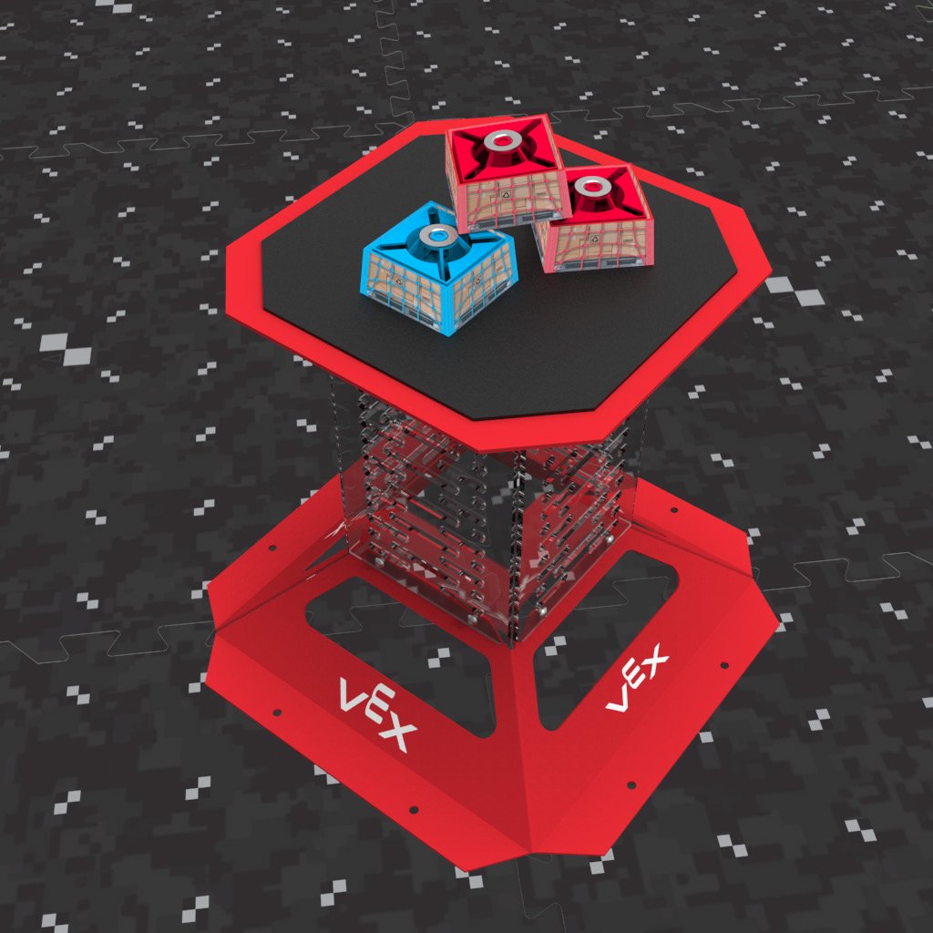 A red Cargo Platform Goal on the field with three Cargo resting on its flat top plate, two red and one blue, each supported by the plate.