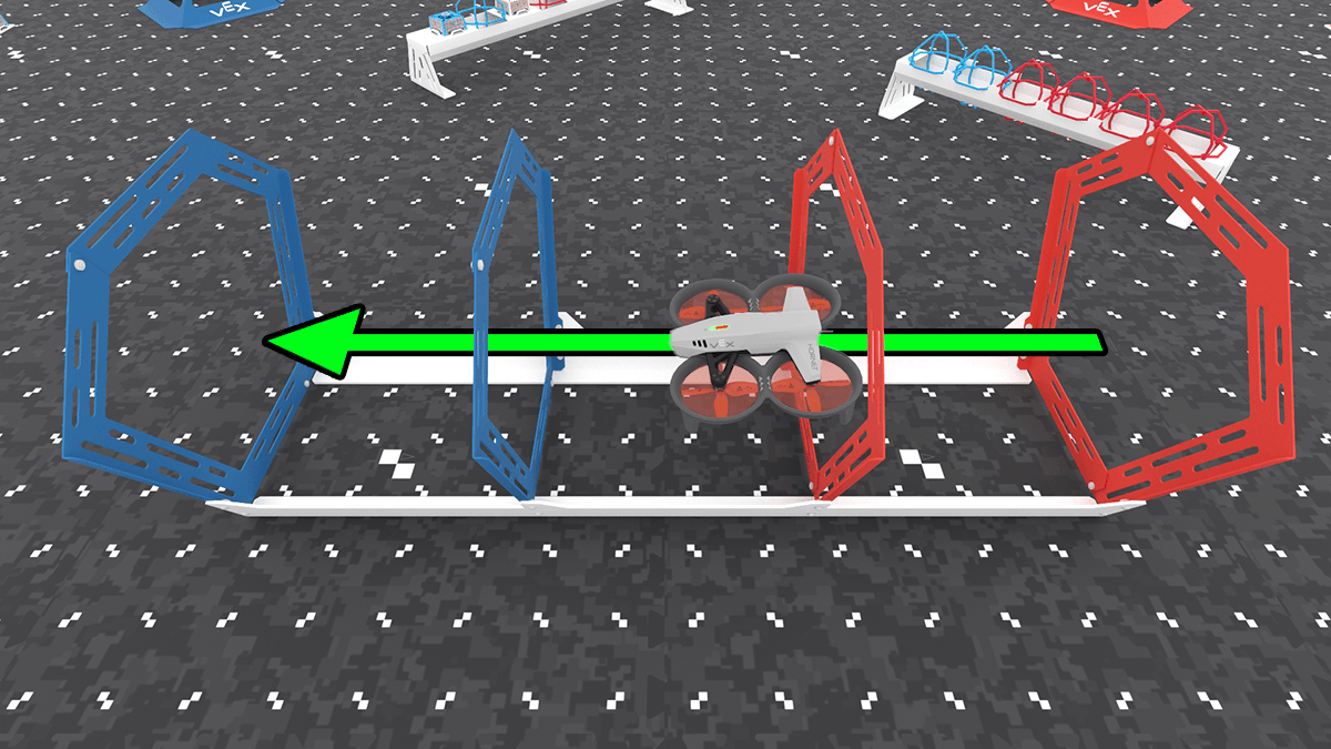 The two blue rings are on the left and the two red rings on the right. A green arrow runs right to left through all four, and the Drone is passing the third ring from the left.