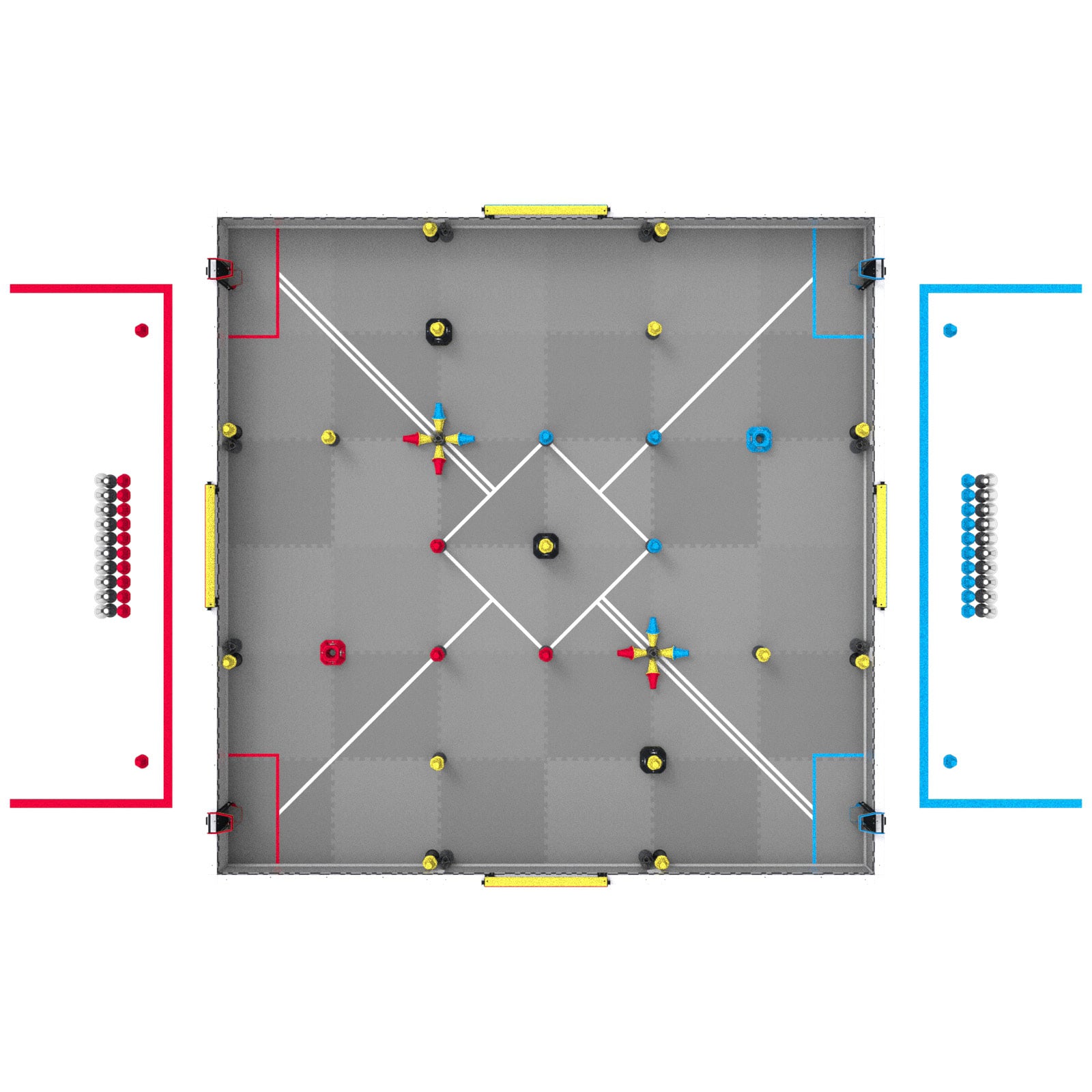 One goal remains in each quadrant: a red goal in the lower left quadrant, a neutral goal in the lower right, a blue goal in the upper right and a neutral goal in the upper left, with the tall neutral goal in the center. Pins stand in the starbursts and along the field perimeter. Each alliance station holds its 10 cups and 10 match load pins in two rows, with a preload pin at each end.