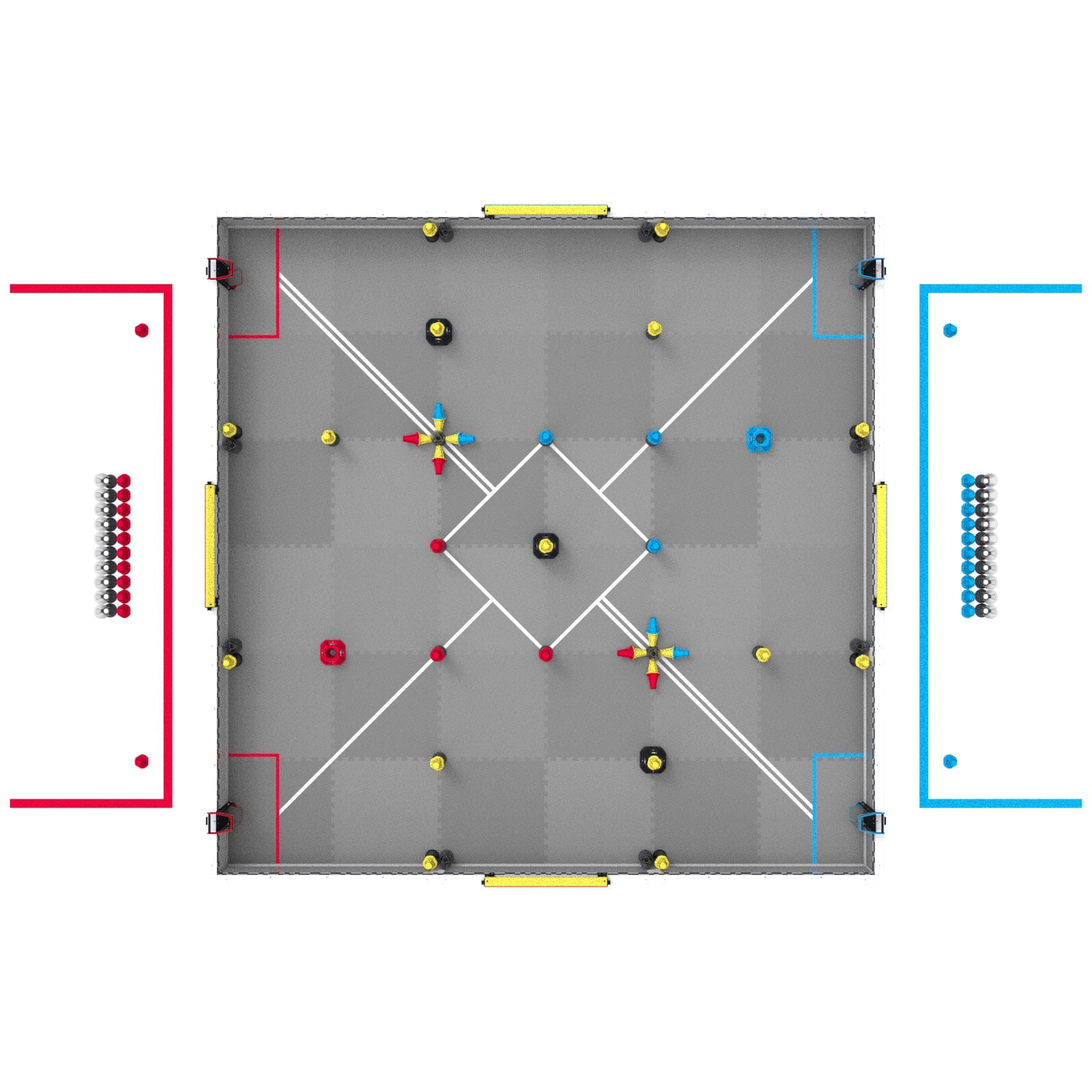 One goal remains in each quadrant: a red goal in the lower left quadrant, a neutral goal in the lower right, a blue goal in the upper right and a neutral goal in the upper left, with the tall neutral goal in the center. Pins stand in the starbursts and along the field perimeter. Each alliance station holds its 10 cups and 10 match load pins in two rows, with a preload pin at each end.