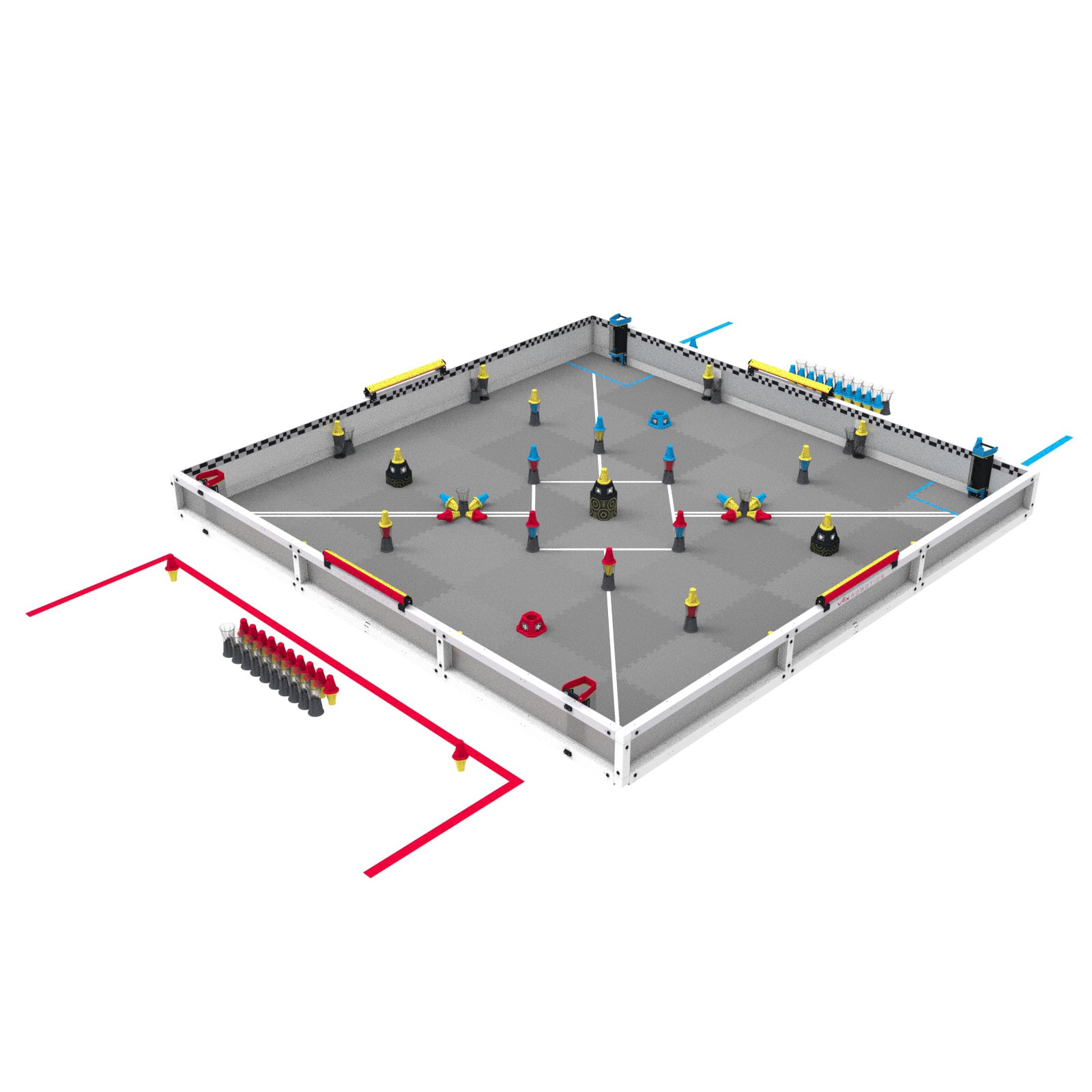 The same field from an angle above the red alliance station’s corner, showing the height of the three neutral goals, each capped with a yellow/yellow pin, and the red alliance’s match loads lined up outside the field perimeter.
