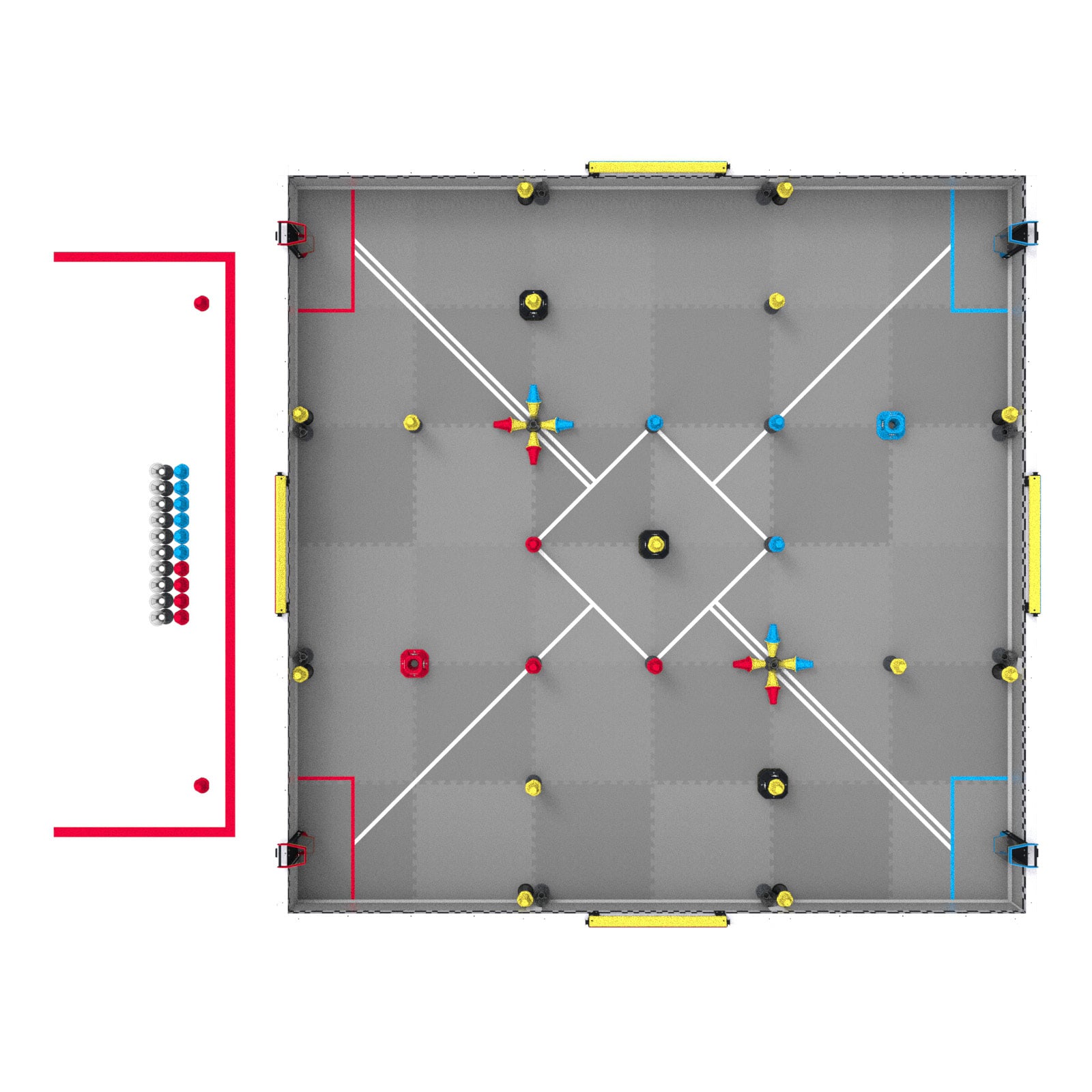 The Head-to-Head layout of Figure VAI-1 with only the red alliance station in use. It holds 10 cups, 6 blue/yellow pins and 4 red/yellow pins, with a red/yellow preload pin at each end of the station.