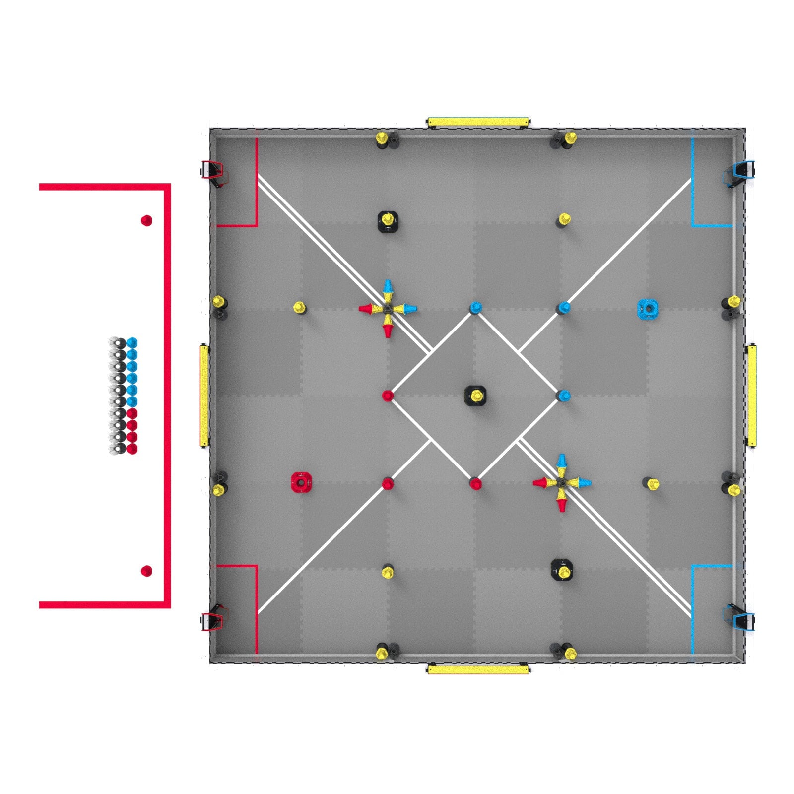 The Head-to-Head layout of Figure VAI-1 with only the red alliance station in use. It holds 10 cups, 6 blue/yellow pins and 4 red/yellow pins, with a red/yellow preload pin at each end of the station.