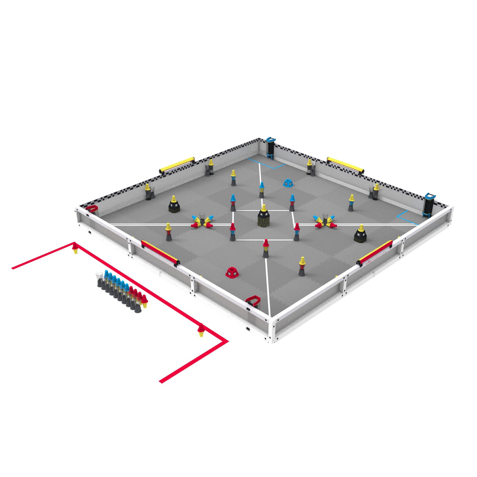 The same skills field from an angle above the red alliance station’s corner, with the station’s cups and pins lined up outside the field perimeter.
