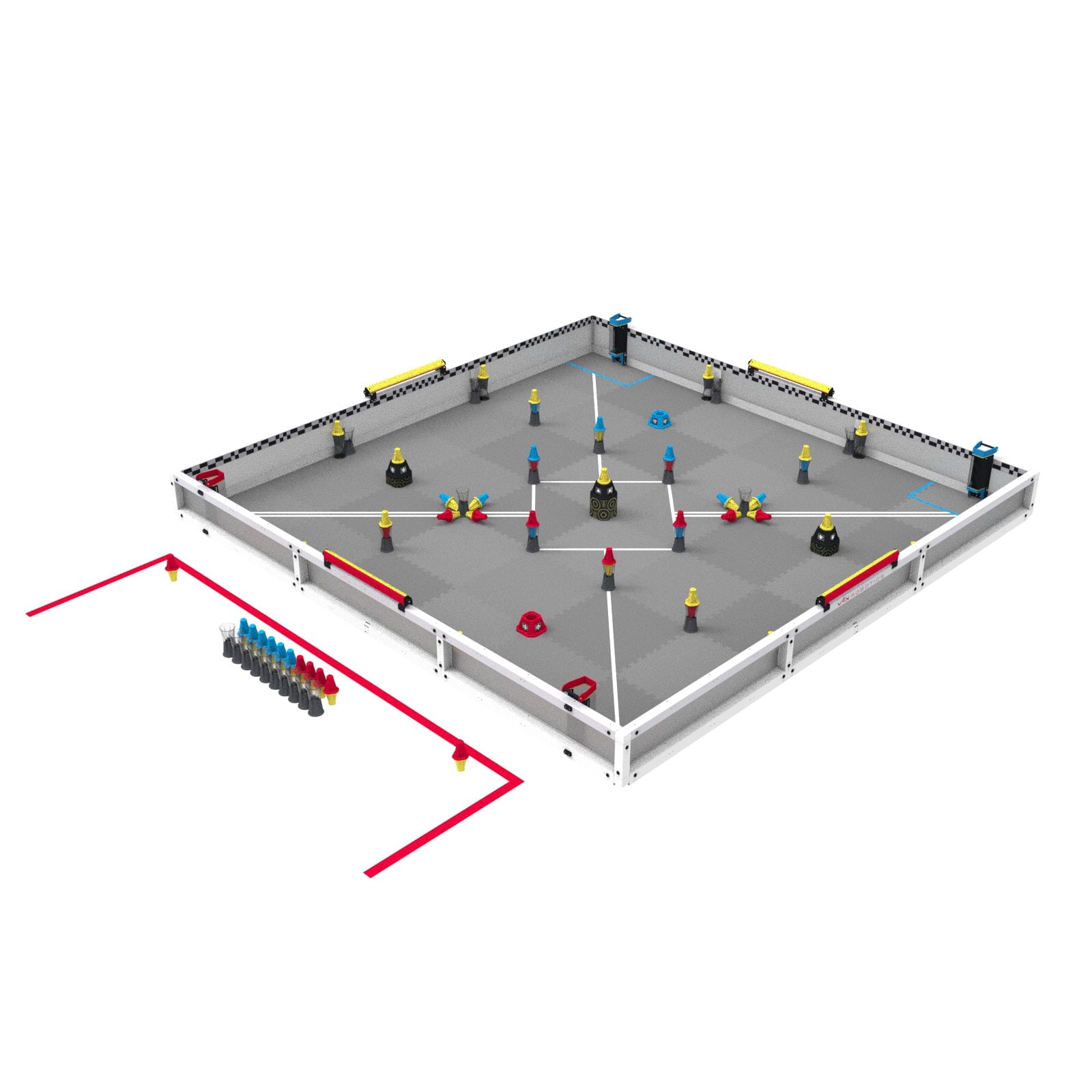 The same skills field from an angle above the red alliance station’s corner, with the station’s cups and pins lined up outside the field perimeter.