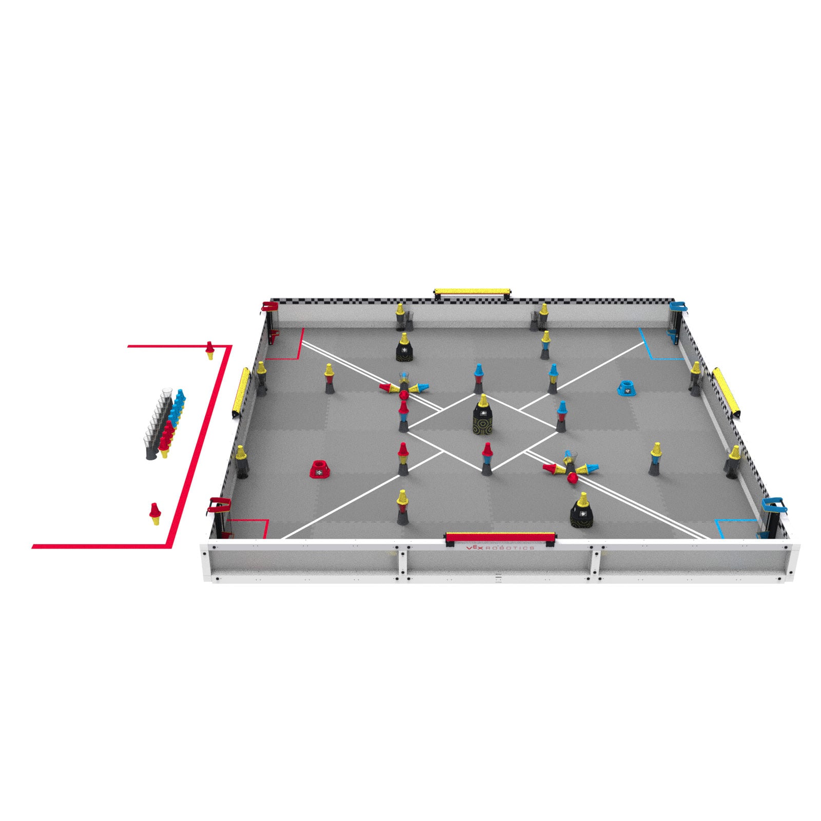 The skills field seen low and level along one side, with match loads and preloads only at the red alliance station on the left.